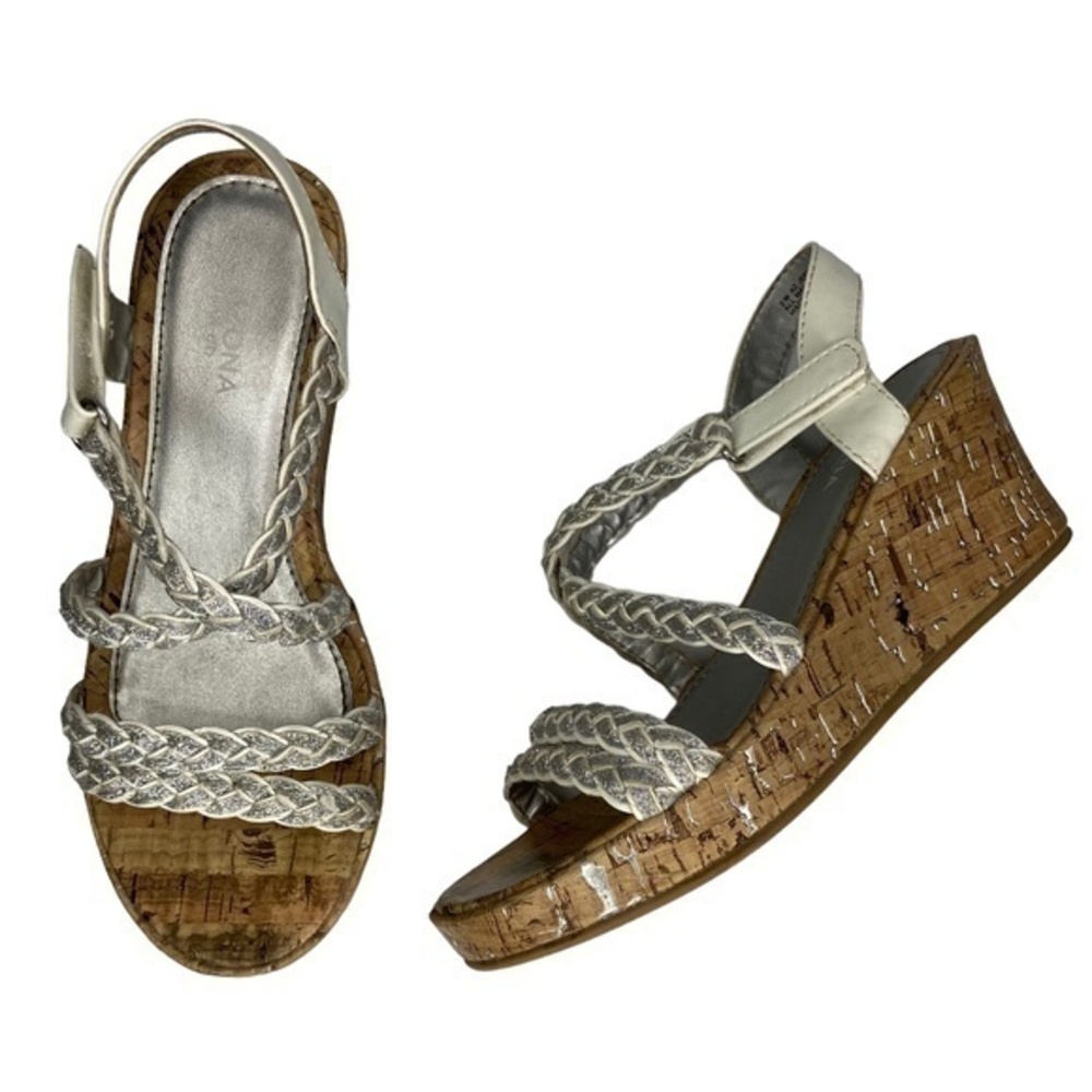 Arizona Jean Co Jersey Sandals White and Silver Braided Straps Wedge Cork Size 2